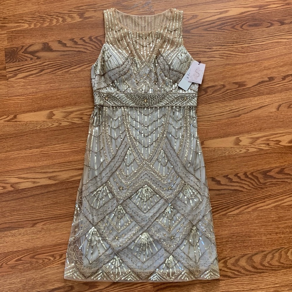 SUE WONG 14 Champagne Silver sequin embellished beaded cocktail formal dress NEW - Picture 11 of 17